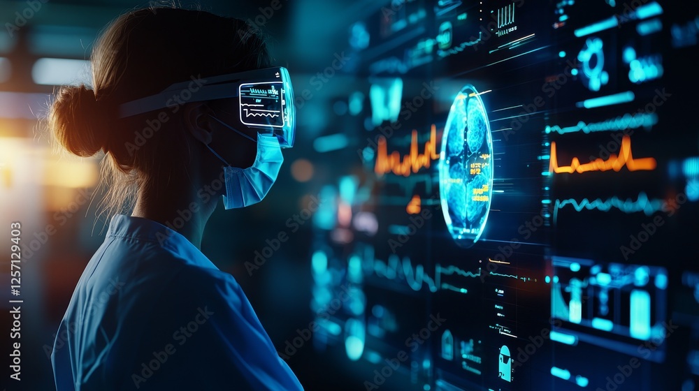 Poster health tech virtual data concept. healthcare professional using advanced technology for analysis.