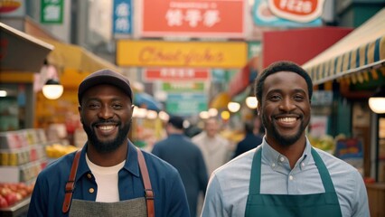 Fototapeta premium Two smiling men in aprons standing in a bustling market street