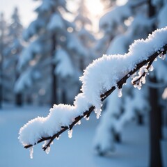 Obraz premium Frosty tree branch covered in delicate snow crystals, branches, frozen