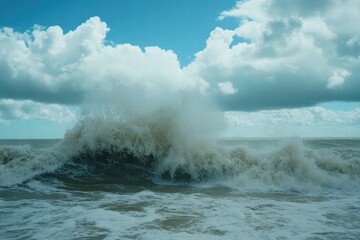 Fototapeta premium Powerful Ocean Wave Crashing Against Shore Under Dramatic Clouds