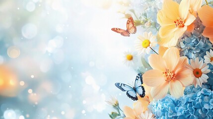 Beautiful Hydrangeas and Daisies with Butterflies in Soft Background