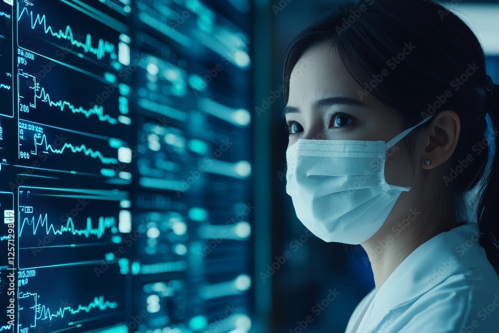 Poster health tech platform data concept. medical professional analyzing data in a high-tech environment.