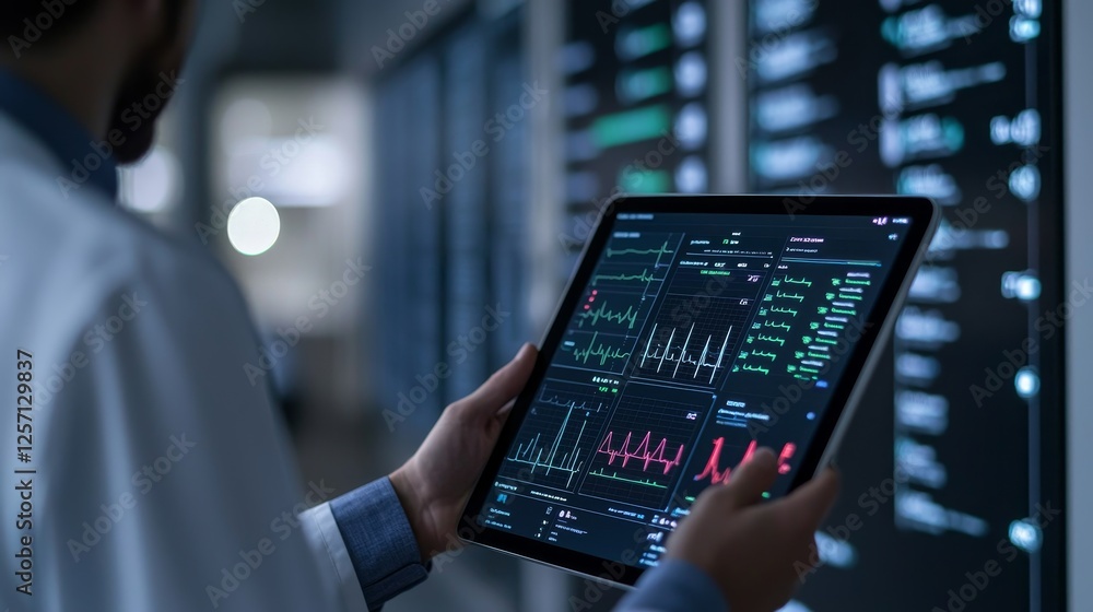 Poster health tech platform data concept. medical professional analyzing data on a tablet in a high-tech en