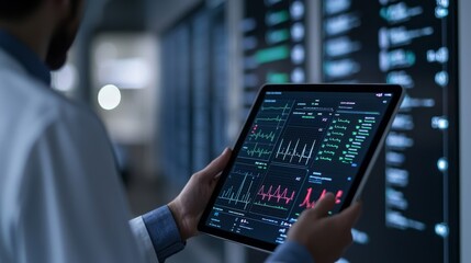 Health tech platform data concept. Medical professional analyzing data on a tablet in a high-tech environment.