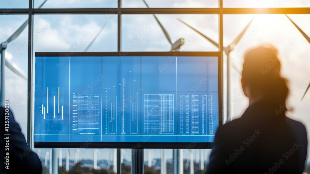 Poster renewable energy wind integration concept. modern office scene with data analysis on a screen and wi