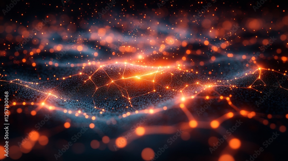 Aufkleber Glowing Network Topology: Interconnected Orange Nodes and Links in a Simulated 3D Landscape, Representing Data Flow and Advanced Technology