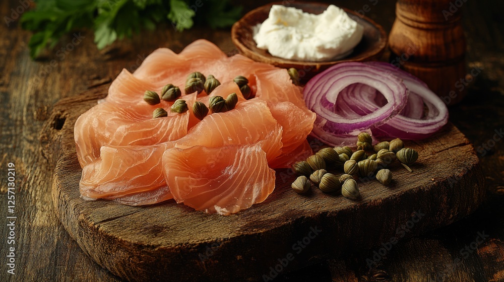 Aufkleber a rustic display of smoked salmon slices arranged on a wooden board, accompanied by capers, red onio