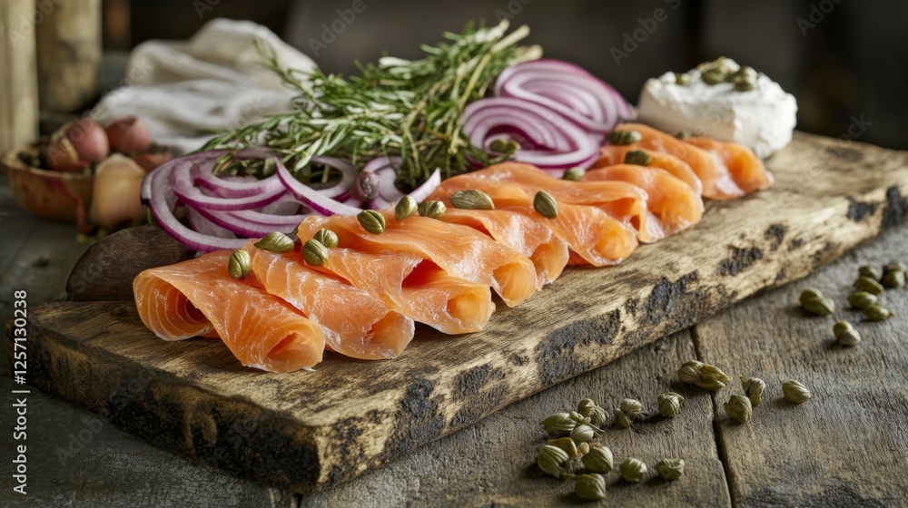Aufkleber a rustic display of smoked salmon slices arranged on a wooden board, accompanied by capers, red onio
