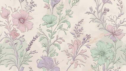 Hand-Drawn French Toile Floral Pattern with Roses, Peonies, and Daisies in Muted Pastels on Dreamy Vintage Background