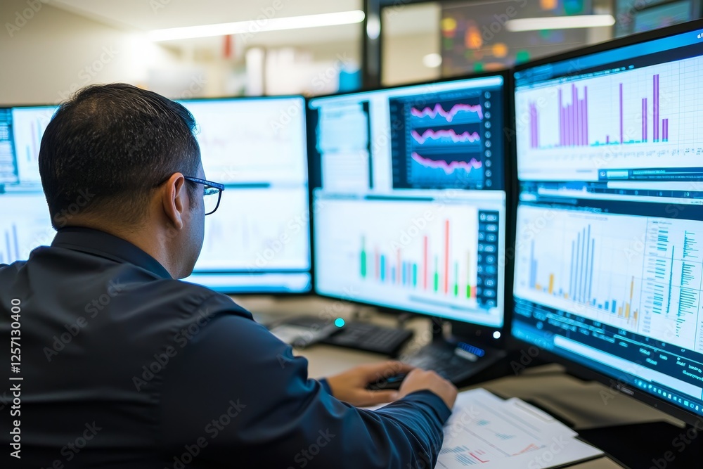 Poster marketing analytics strategy behavior concept. professional analyzing data on multiple screens in an