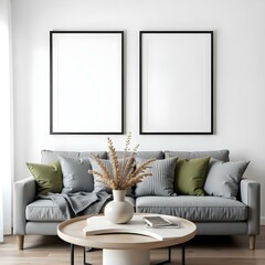 A modern living room featuring a gray sofa adorned with several gray and green cushions. In front of the sofa is a round coffee table with a decorative vase containing dried flowers. 