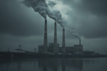 a dark industrial plant with smoke coming out of the chimneys