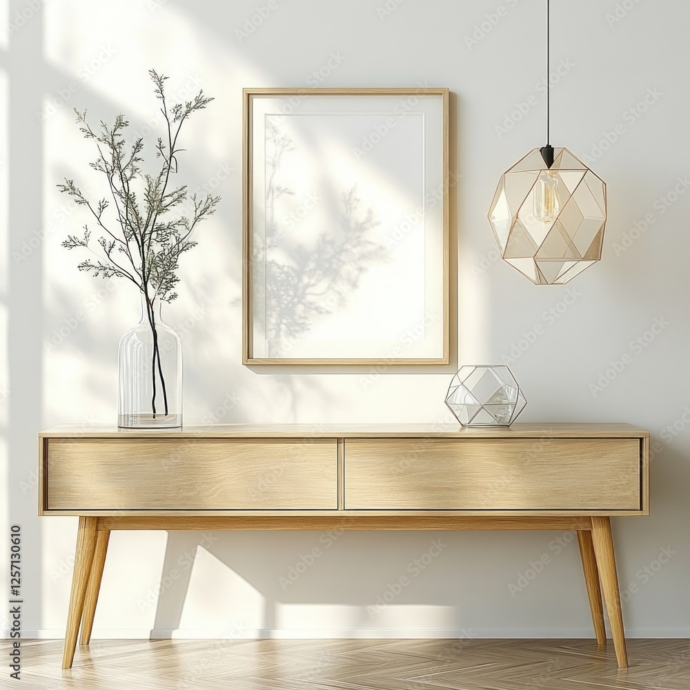 Poster minimalist interior scene with console table and geometric lamp on empty wall