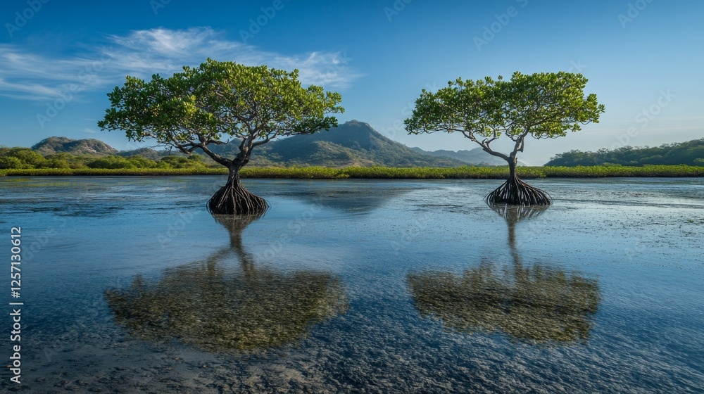 Poster a serene coastal view of mangrove trees standing tall in shallow water, with a backdrop of distant h