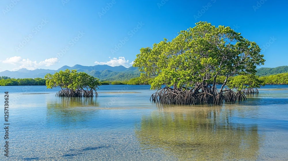 Poster a serene coastal view of mangrove trees standing tall in shallow water, with a backdrop of distant h