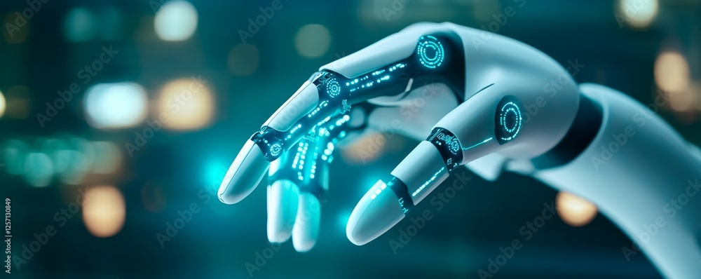 Aufkleber digital transformation ai adaptation concept. robotic hand with glowing elements in a futuristic set