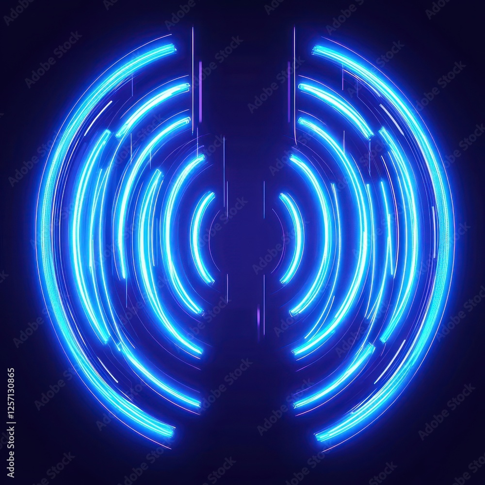 Poster neon sound waves visualized in blue with a glowing abstract effect.