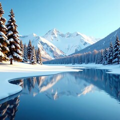 Frozen lake with snow-covered trees and a blue sky, lake, winter, snow