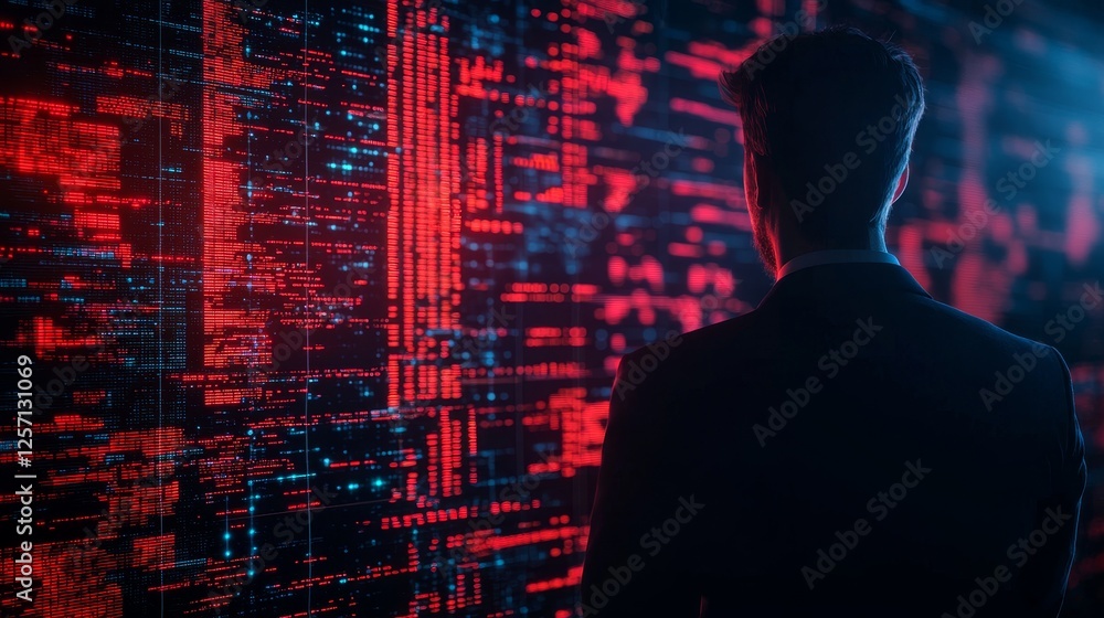 Poster digital transformation automation disruption concept. silhouette of a person in front of a digital d