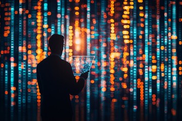 Digital transformation automation disruption concept. Silhouette of a person holding a futuristic display against a bright data backdrop.