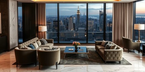 Luxurious and modern apartment suite lounge with plush velvet furniture, marble accents, and panoramic city views, city views, luxury