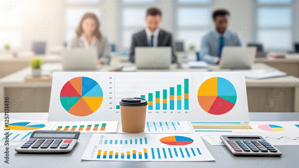Poster business charts and graphs displayed on a table in an office setting with three business people work
