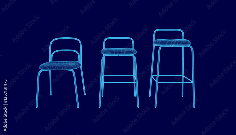 Poster three chairs are shown in a blue background. the chairs are all different sizes and styles. the chai