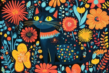 Art colorful illustration with cat surrounded by flowers. Art poster for decoration your interior and for use in your unique design.