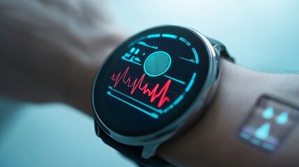 Fototapeta premium Health tech monitoring security concept. Smartwatch displaying health data and heart rate monitoring on a wrist.