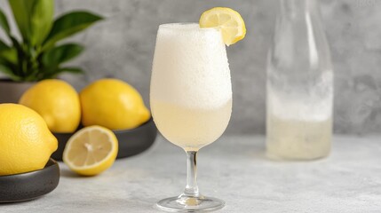 Sparkling lemon drink, gray background, lemons