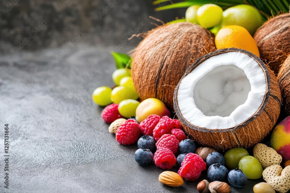 Poster Arrangement of assorted fruits and coconuts with a coconut prominently placed in the center