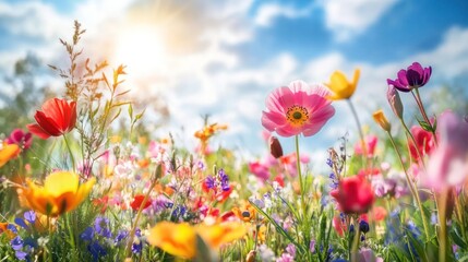 Naklejka premium Vibrant Wildflower Meadow in Springtime Sunshine