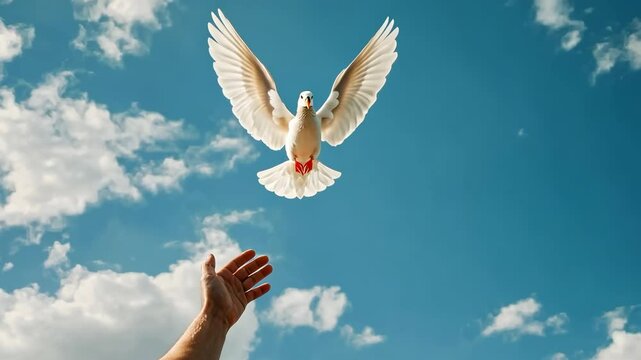 A low-angle video captures a hand releasing a white dove into a bright blue sky with clouds, symbolizing freedom and peace in a serene style.