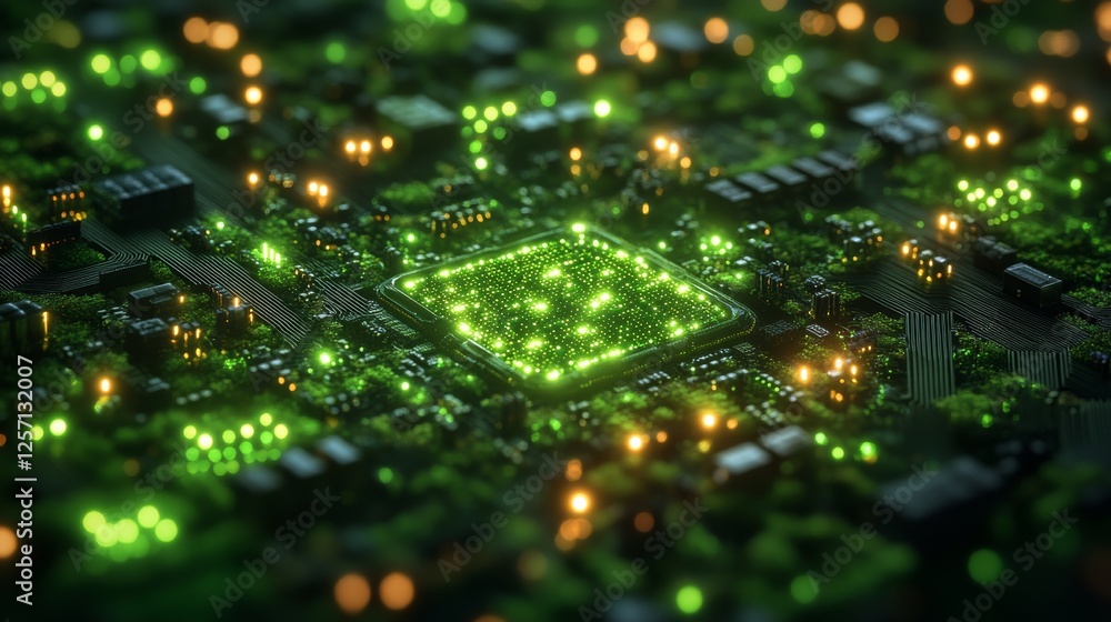 Poster High-Tech Green Circuitry: A Close-Up View of a Microchip with Bright Green Illumination and a Network of Components, Illustrating Advanced Technology