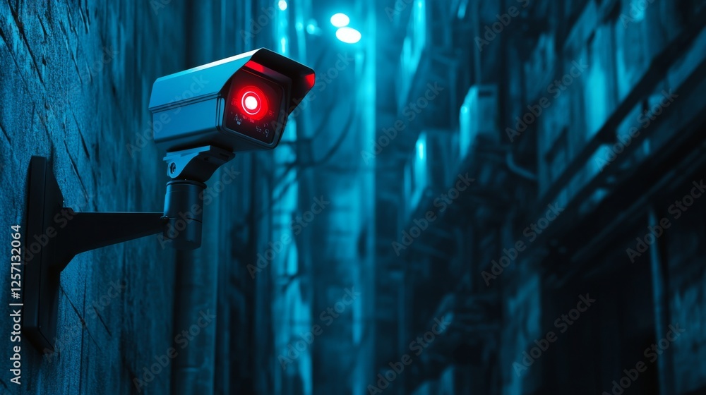 Poster a stunning shot of a high-tech cctv camera with infrared capabilities, set against a backdrop of a d
