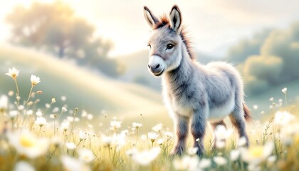Obraz premium Adorable Baby Donkey in a Field of Daisies - Cute Animal Photography
