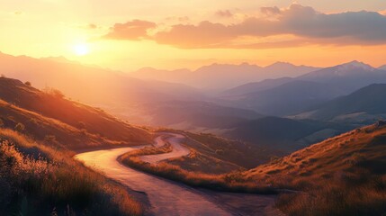 Fototapeta premium A sunset view of a mountain road with the sun casting a warm glow over the landscape, highlighting the winding path and the surrounding mountain scenery.