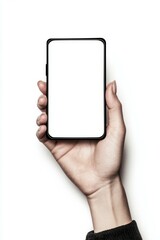 hand holding smartphone mockup with a white screen as png isolated on empty background, 