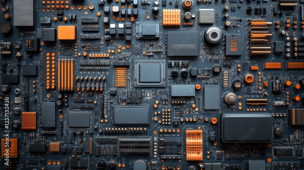 Aufkleber high-detail abstract motherboard: complex network of electronic components with orange highlights, a