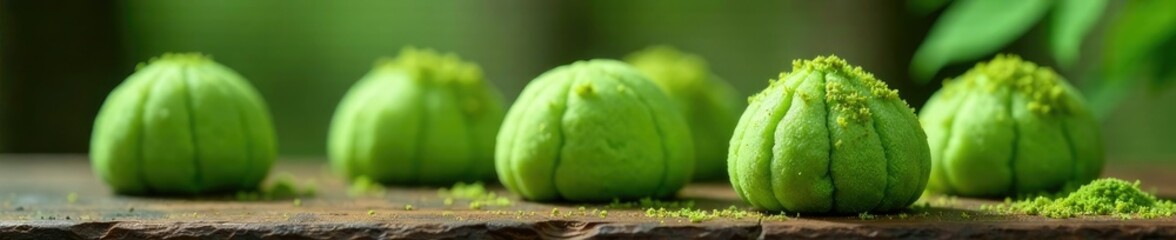 Matcha flavored mochi shaped like a bracken fern, forest, earthy, fungus