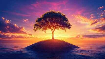 Fototapeta premium Majestic sunset over a solitary tree on a small island surrounded by calm waters