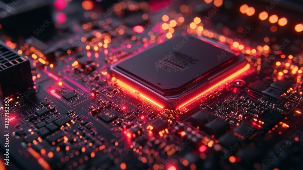 Poster high-tech motherboard close-up with glowing red lights highlighting central processor unit: a detail