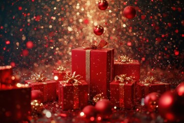 christmas gifts and decorations on a black background