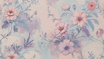 Hand-Drawn French Toile Floral Pattern with Roses, Peonies, and Daisies in Muted Pastels on Dreamy Vintage Background