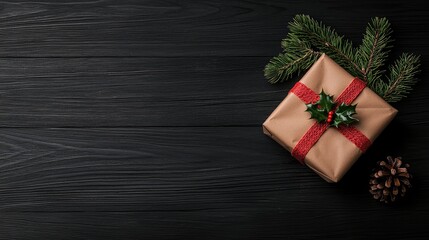Fototapeta premium Christmas Gift Box on Dark Wooden Background