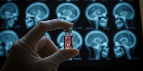 a person holding a vial of blood in front of a brain scan