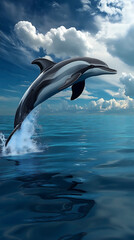 Dolphin jumping out of the blue ocean water under a cloudy sky