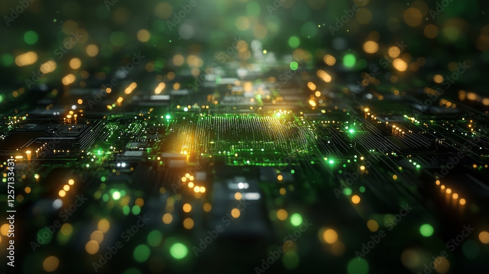 Leinwandbilder illuminated circuit board: a luminous network of green and gold light with bokeh, reflecting the fut
