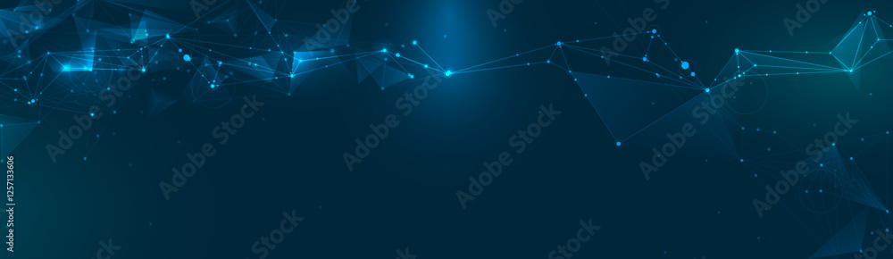 Poster Vector Abstract molecule, internet network connection design for web site. Network Connected lines, dots, technology on blue background. Digital data, communication, cyberspace, futuristic concept