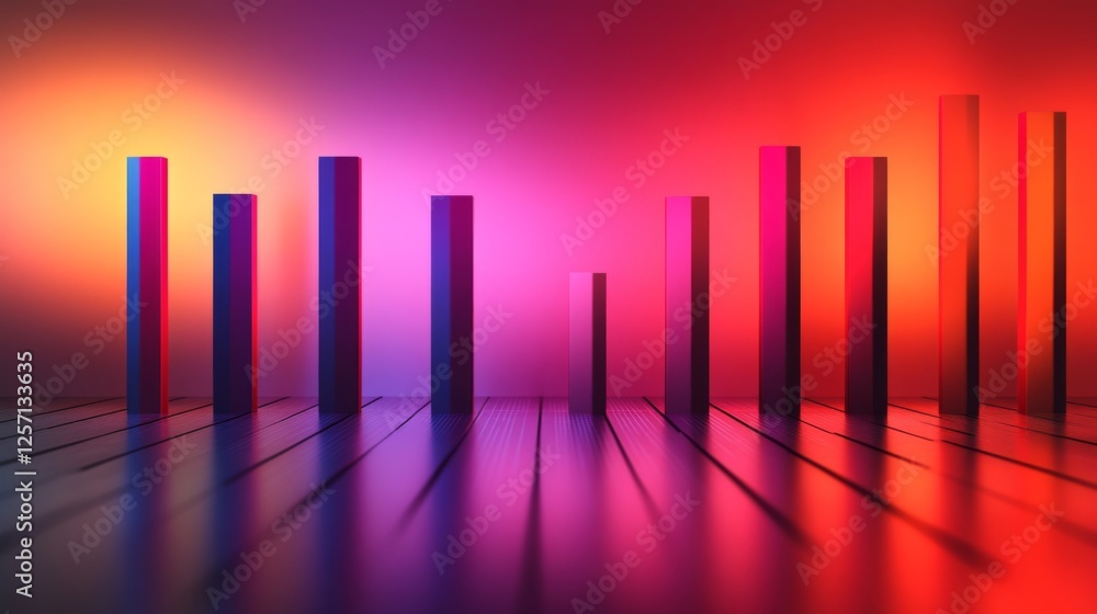 Poster bright gradient d bars rising from a digital floor with soft reflections, creating a futuristic data